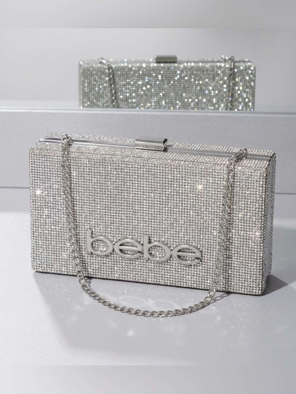 BEBE Silver Crystal Logo Evening Clutch